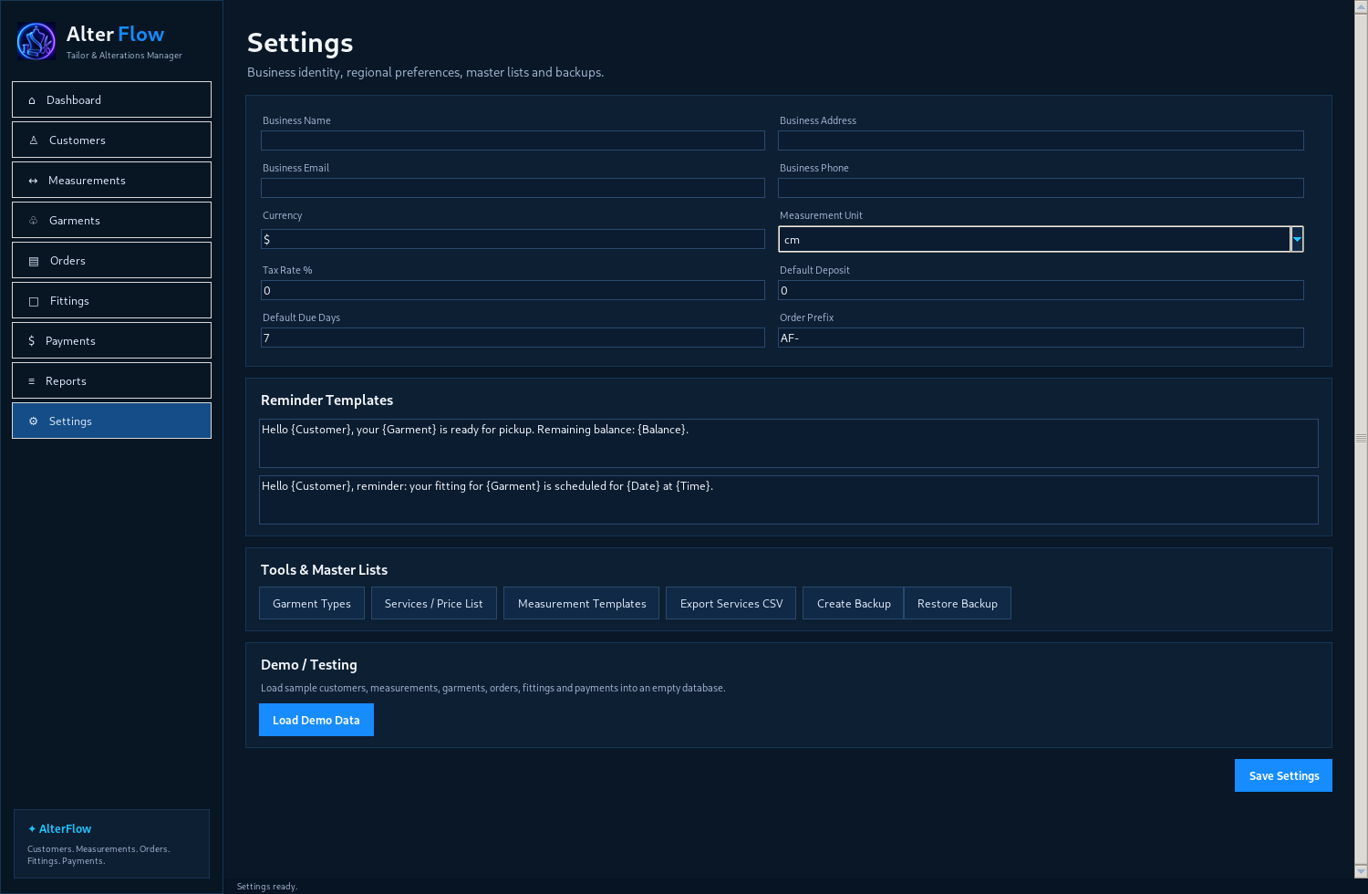 AlterFlow — Settings screenshot