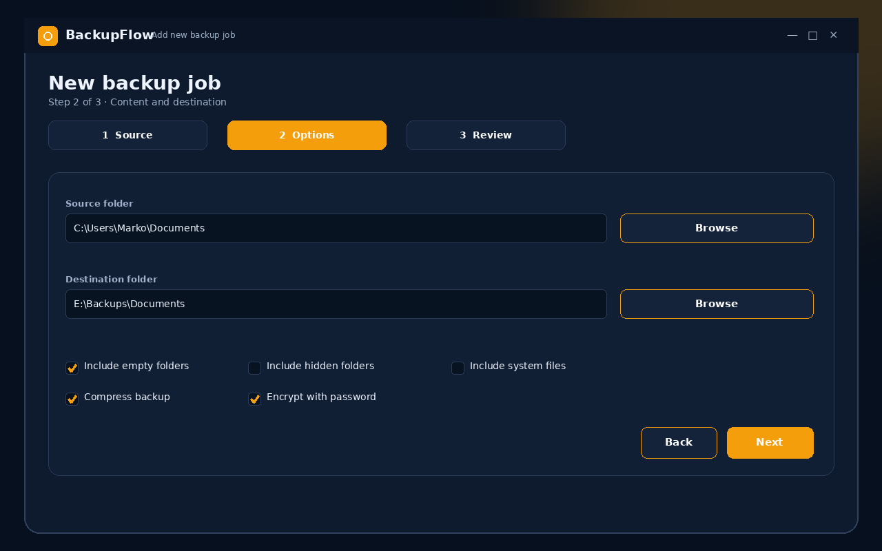 Backupflow — New backup job wizard