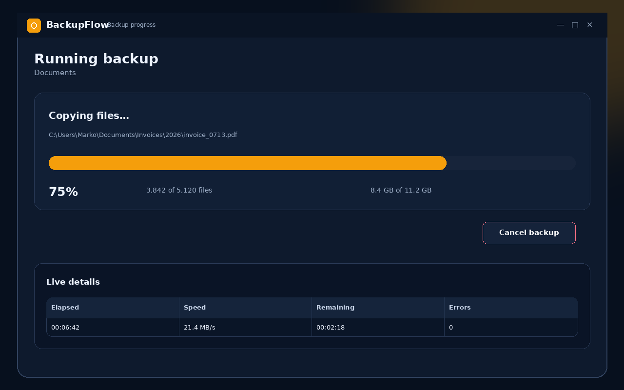 Backupflow — Backup progress and details