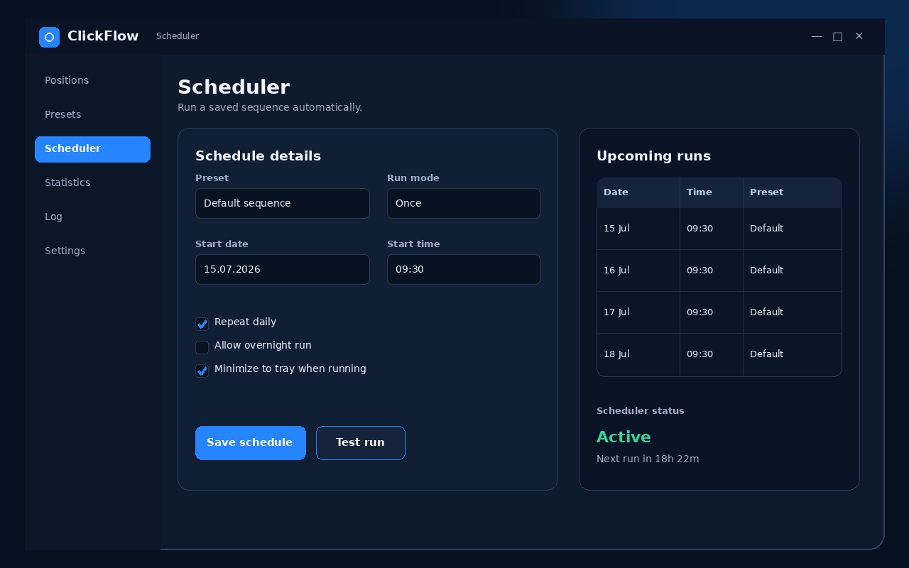 Clickflow — Scheduler and saved sequences