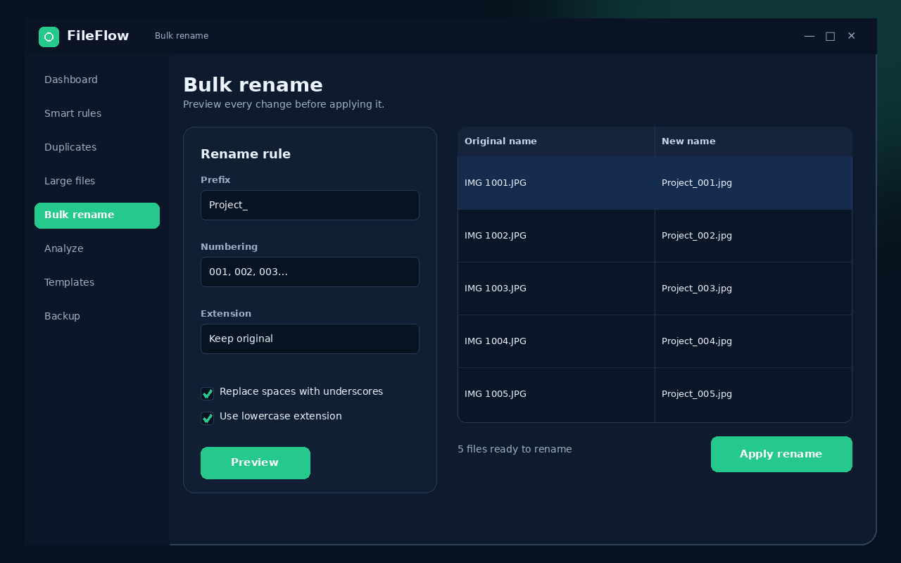 Fileflow — Bulk rename preview