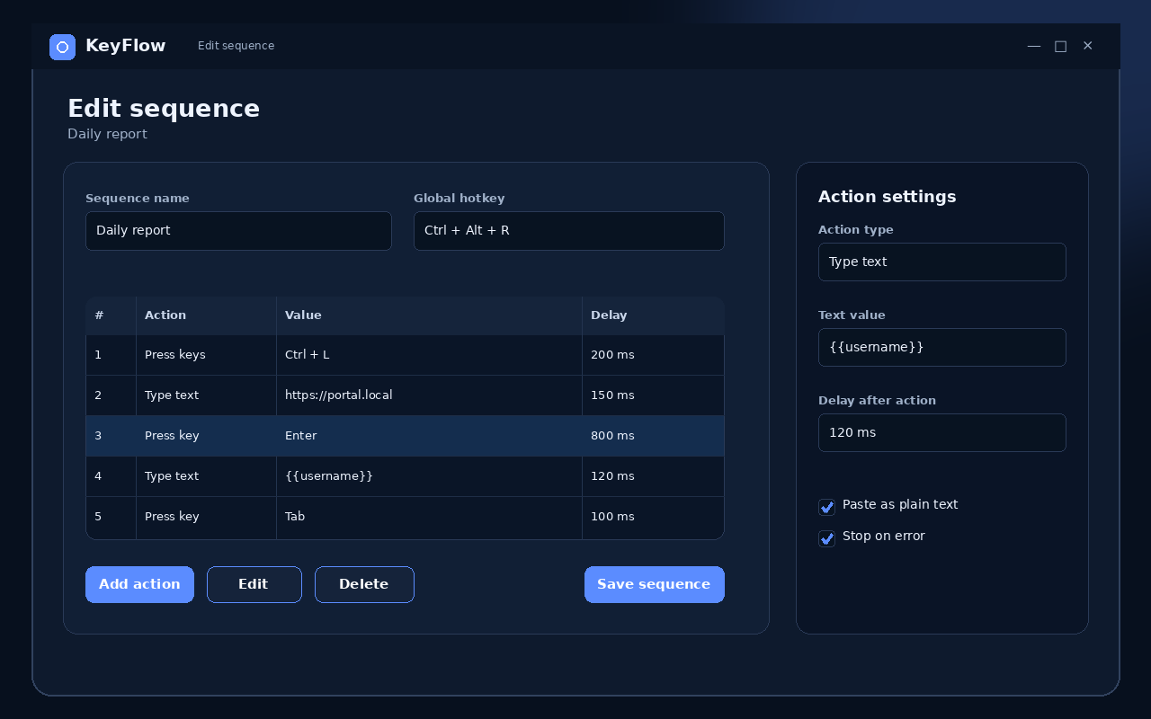Keyflow — Sequence editor and action list