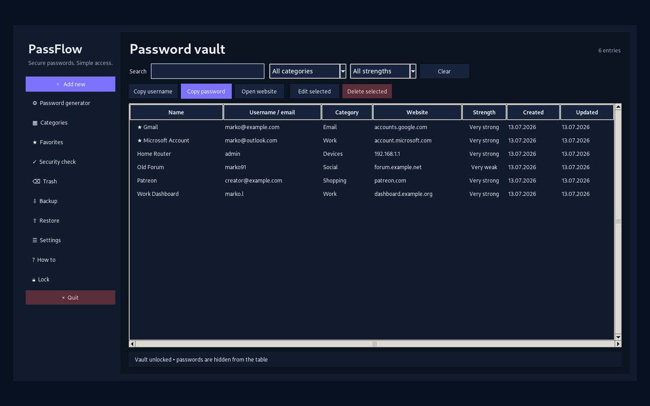 PassFlow encrypted vault main window
