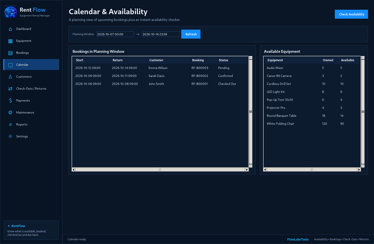 RentFlow — Calendar & Availability screenshot