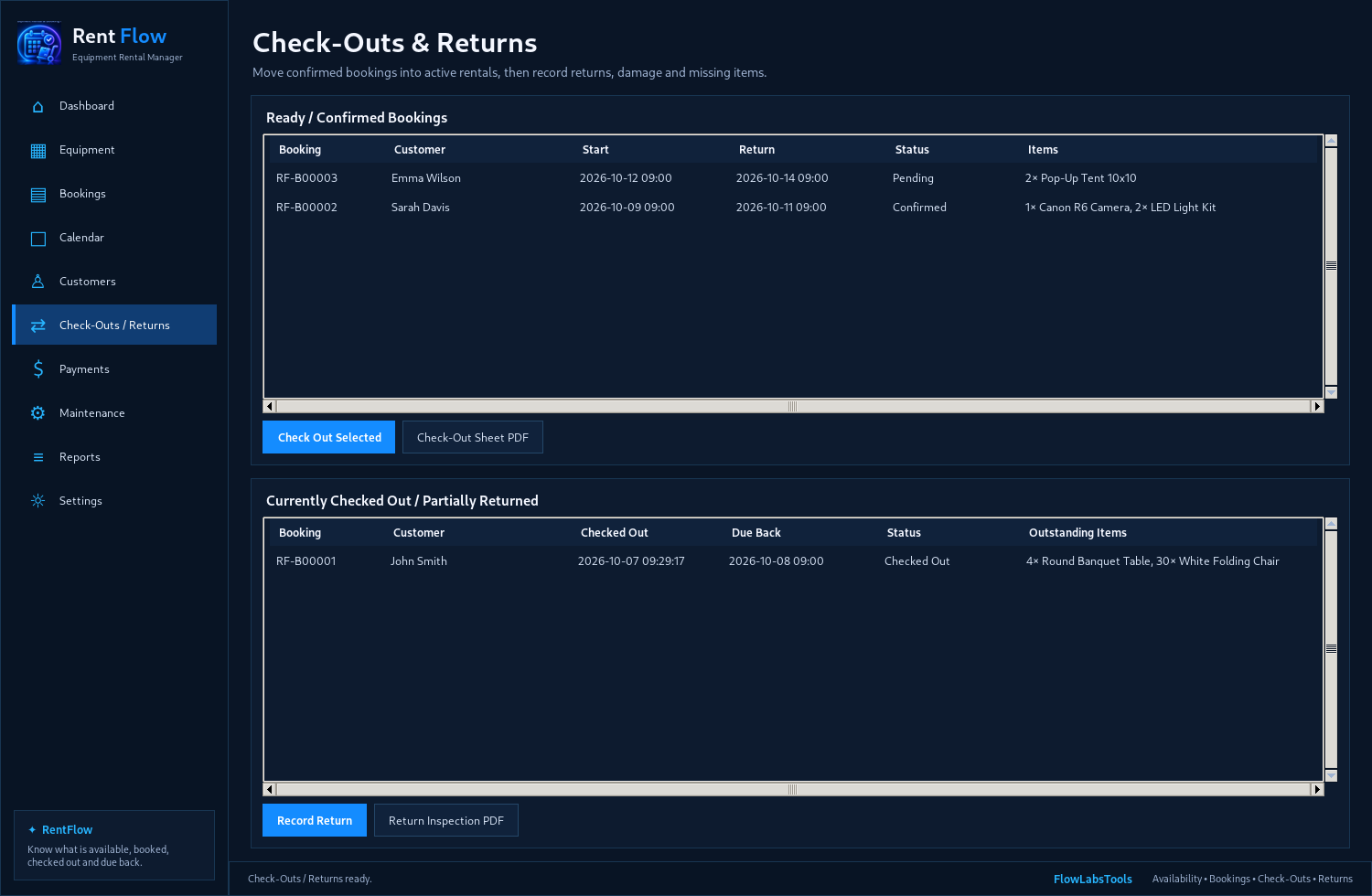 RentFlow — Check-Outs & Returns screenshot