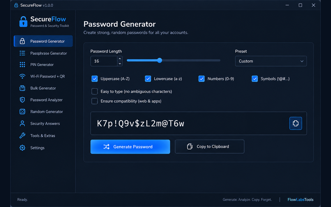 SecureFlow password generator interface