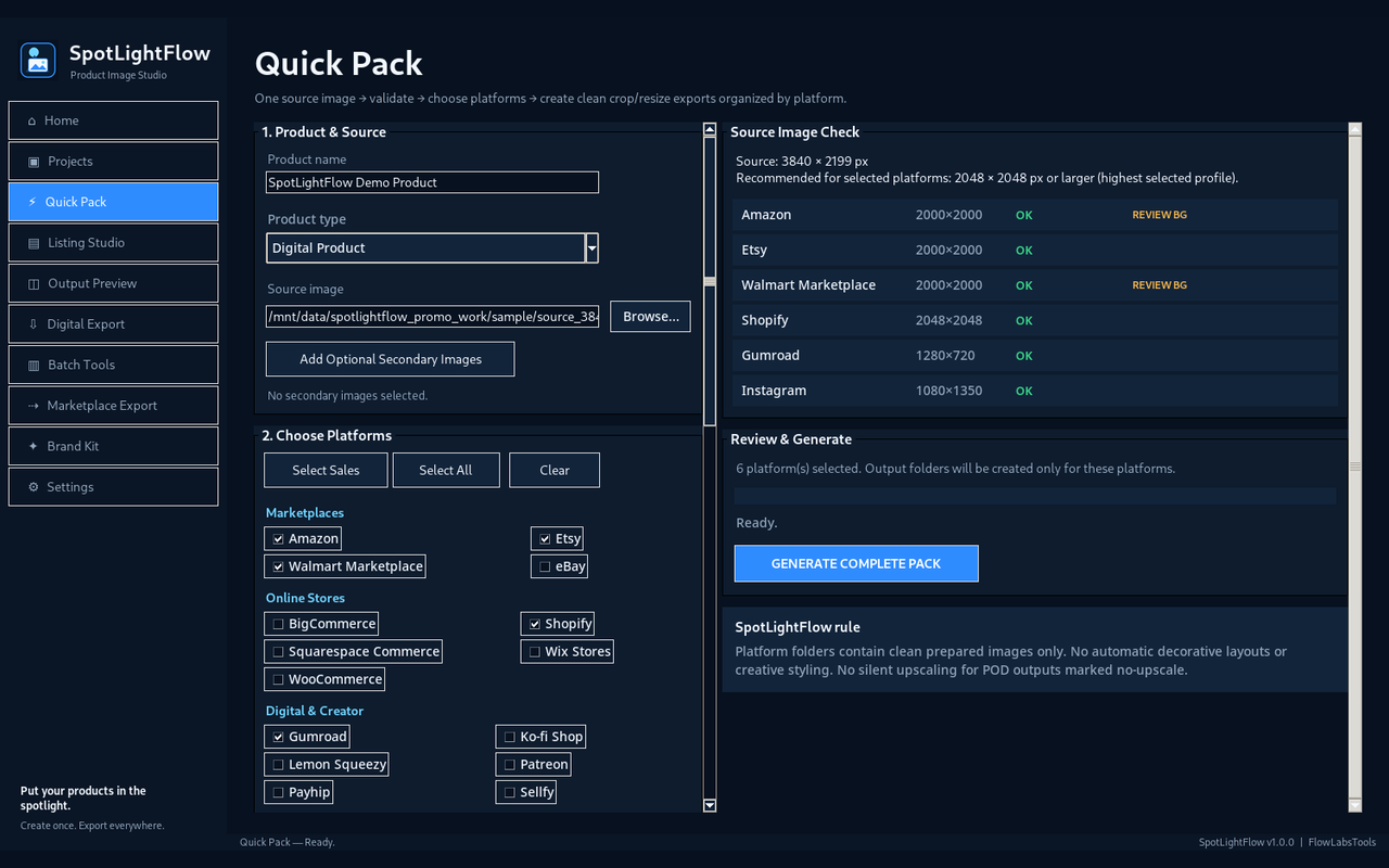 SpotLightFlow Quick Pack workflow