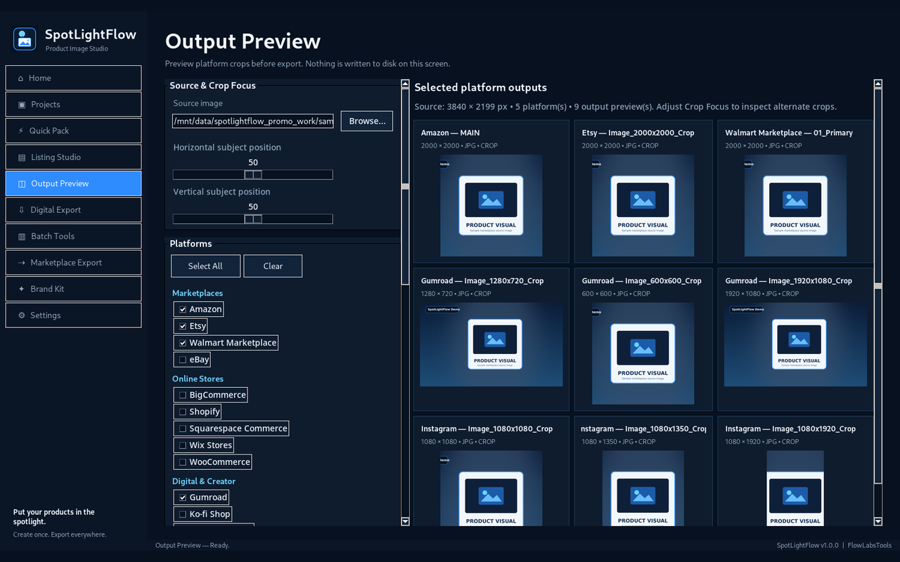 SpotLightFlow Output Preview screen